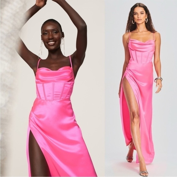 NWT RETROFETE Bubblegum Satin Draped Neck Sleeveless Cutout Back Corset Dress XS - Picture 1 of 17